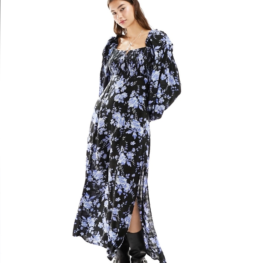 Free People Jaymes Floral Puff Sleeve Midi Dress NWOT Size XS Black Combo